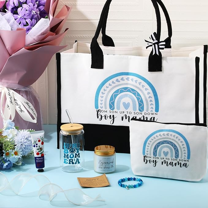 7 Sets Boy Mother Gifts for New Mom Gifts Tote Bag Makeup Bag Candle Bracelet - Image 6