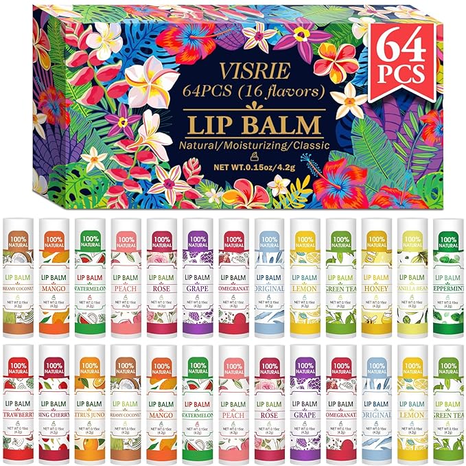 VISRIE 64 Pack Lip Balm, Natural Lip Balm Bulk by VISRIE