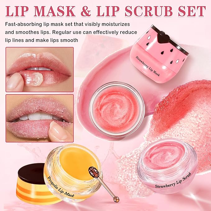 4PCS Lip Scrub and Mask Set, Strawberry and Honey Pot Lip Balm, Repair Bee Lip - Image 2