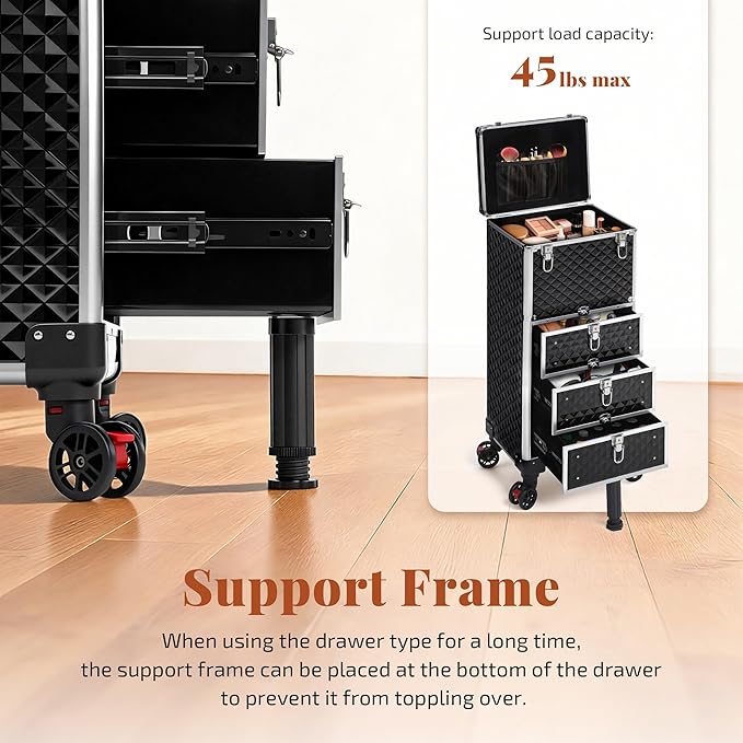 Rolling Makeup Train Case with 3 Drawers, Nail Trolley Cart Salon Station - Image 8