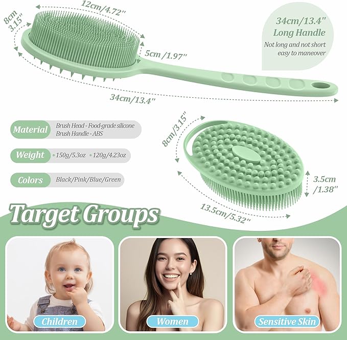 Silicone Back & Body Scrubber Set 2PCS, 13.4'' Gentle Exfoliating Back Scrubber - Image 2