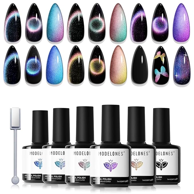 modelones Cat Eye Gel Nail Polish Set, 6 Colors Holographic Colorful Rainbow - Image 9