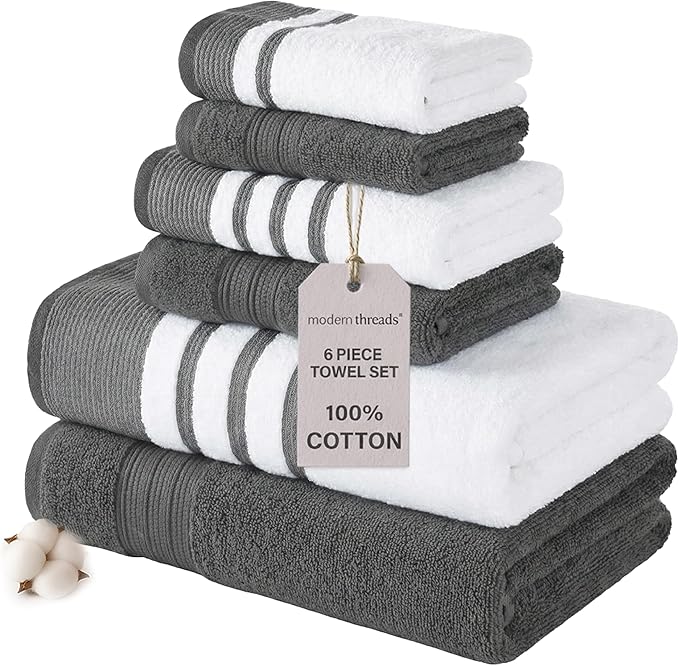 Modern Threads 6-Piece Towel Set – 100% Cotton, Quick Dry, Ultra Absorbent – by ModernThreads