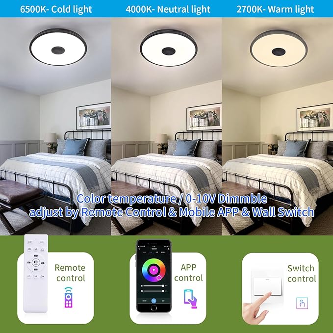 Black Smart Waterproof LED Flush Mount Ceiling Light Fixture, - Image 6