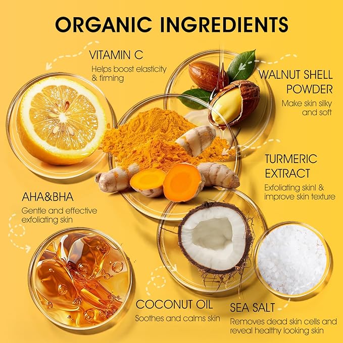 VOERUY Turmeric Body Scrub, 10% AHA/BHA & Vitamin C Exfoliating Body Scrub - Image 2