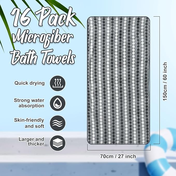 SmoothNovelty 16 Pack Microfiber Bath Towels Bulk 27'' x 60'' Oversized Size - Image 2