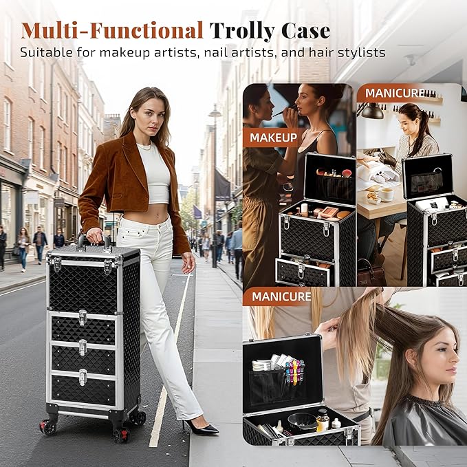 Rolling Makeup Train Case with 3 Drawers, Nail Trolley Cart Salon Station - Image 2