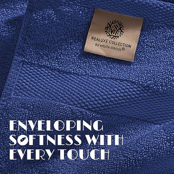 White Classic Navy Blue Bath Towels 27x54 Inch, Cotton Towel Set - Image 3