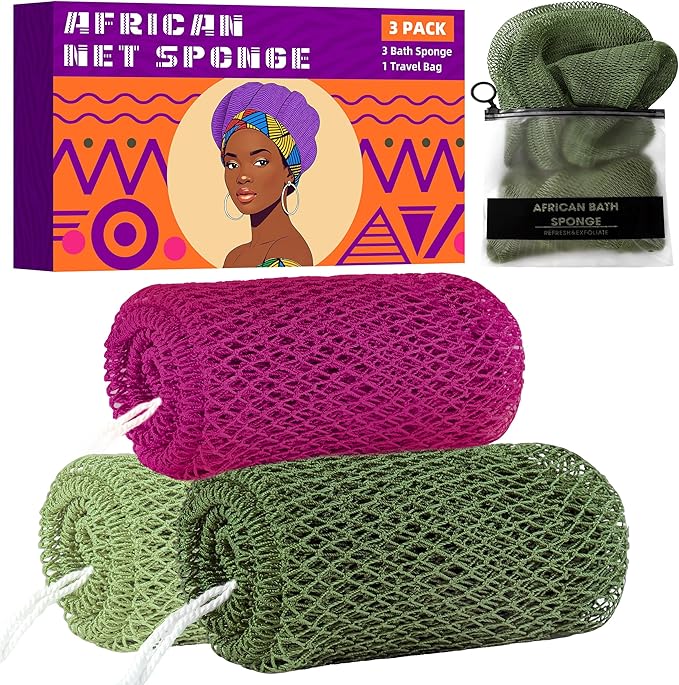 African Net Sponge Authentic, 3 Pieces Exfoliating Scrubber Bath Sponge by BHYTAKI