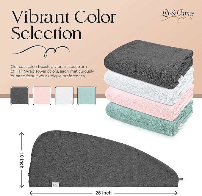 Lili&James 100% Cotton Hair Towel Wrap Quick Dry Super Absorbent Turban Head - Image 2