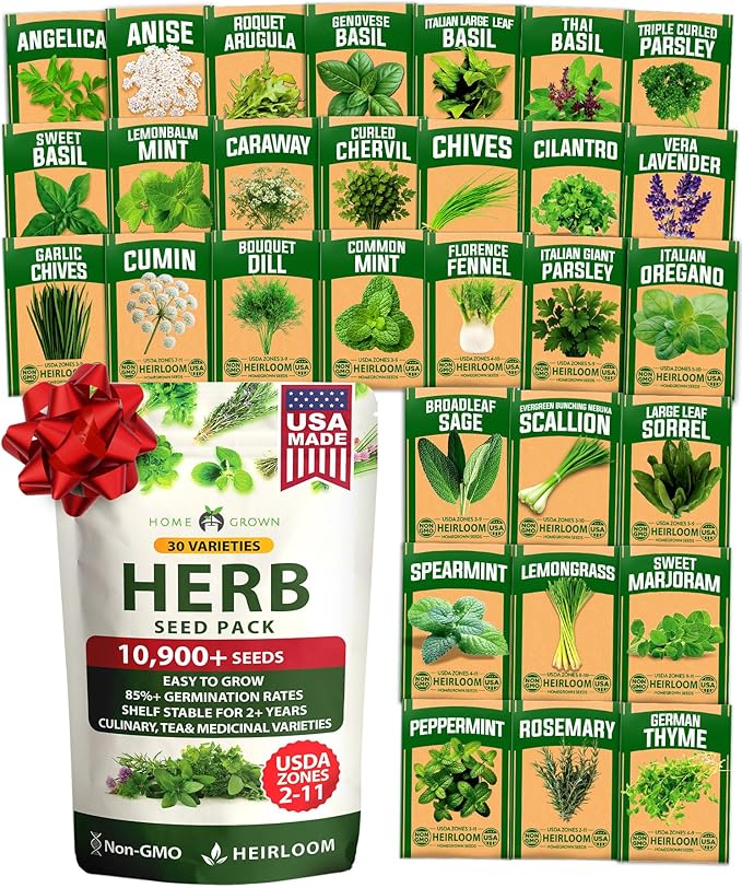 HOME GROWN 30 Herb Seeds for Planting 10, 900+ Non-GMO Heirloom Seeds | Extra by HOMEGROWN
