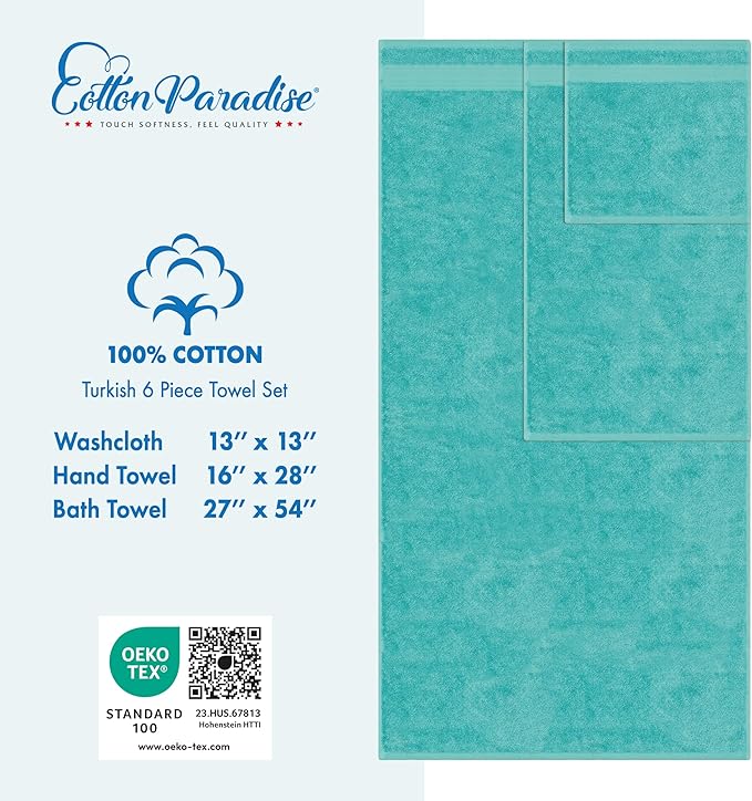 Cotton Paradise 6 Piece Towel Set 100% Cotton Soft Absorbent Turkish Towels - Image 4