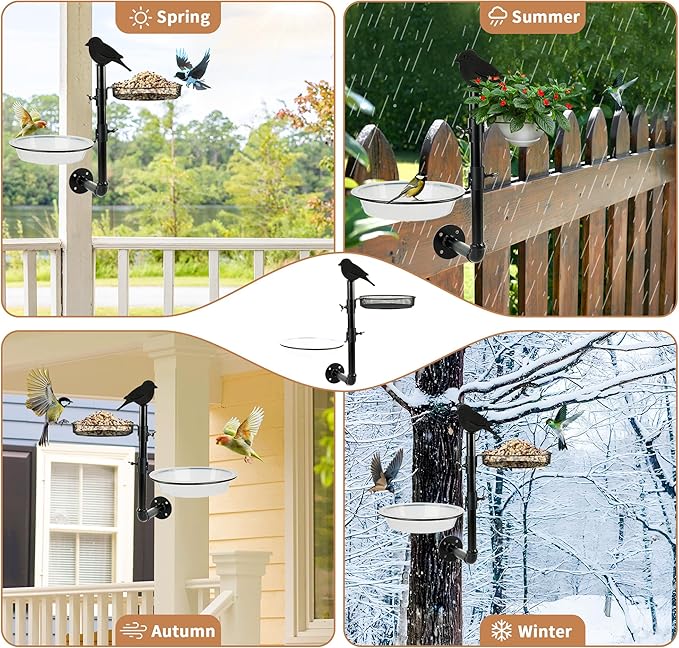 Wall-Mounted Bird Feeder with Metal Seed Tray and 2 Bath Bowls - Image 6