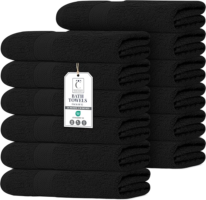 Commercial Bulk Pack of 12 Large Bath Towels – 100% Cotton Terry 24" x 50" – by TEXCRAFT