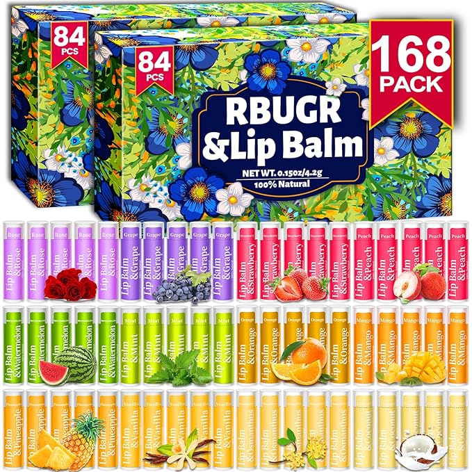 RBUGR 168 Pcs Lip Balm Bulk, 12 Flavored Lip Balm Pack by RBUGR