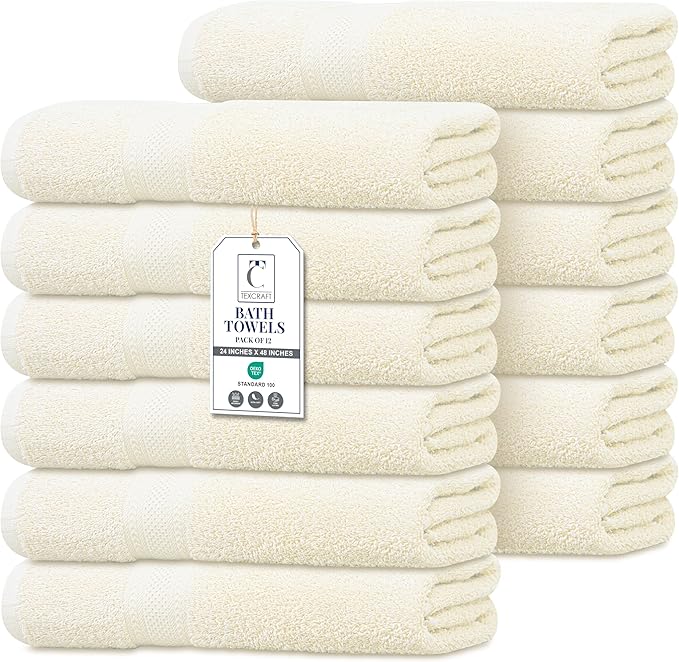 Commercial Bulk Pack of 12 Bath Towels – 100% Cotton Terry 24" x 48" – Ideal by TEXCRAFT