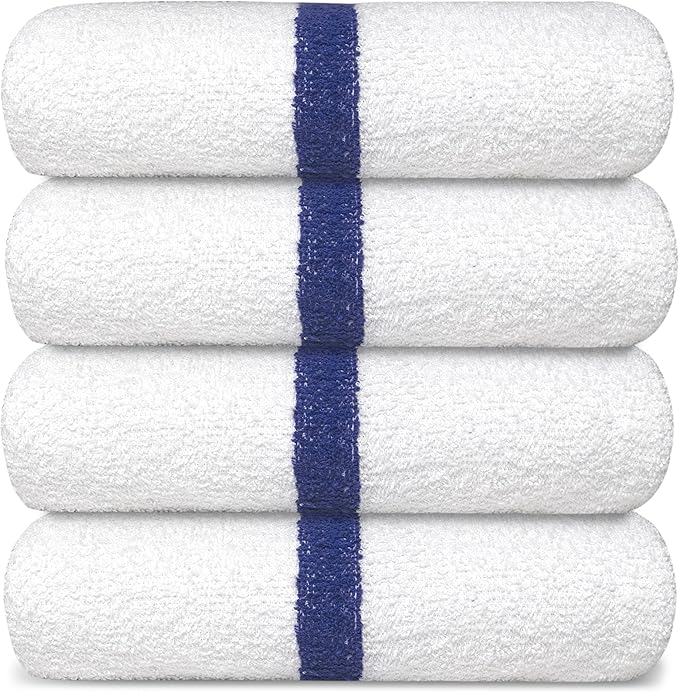 Avalon Towels 100% Cotton Pool Towels White Beach Towels Blue Stripe Pack of 12 - Image 6