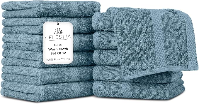 100% Cotton Wash Cloth for face & Body Set of 12, Sustainable, Highly Absorbent by VillaCelestia