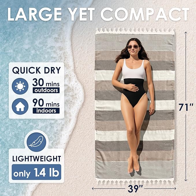 ATANI Turkish Beach Towel, Converts to a Bag, Oversized 100% Cotton Bath Towels - Image 3