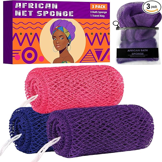 African Net Sponge Authentic, 3 Pieces Exfoliating Scrubber Bath Sponge by BHYTAKI