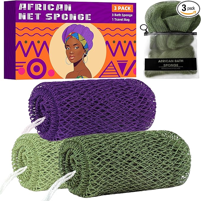 African Net Sponge Authentic, 3 Pieces Exfoliating Scrubber Bath Sponge by BHYTAKI