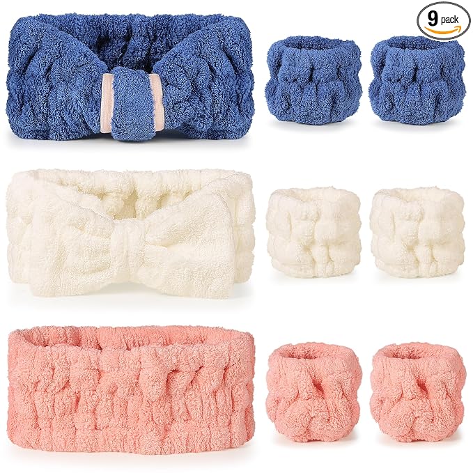 DiyJibb 9 Pcs Spa Headband for Washing Face, Skincare Headband and Wristband Set by DiyJibb