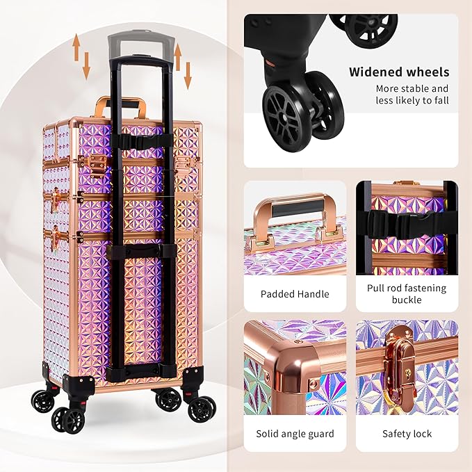 3 in 1 Rolling Makeup Train Case Professional Large Cosmetic Trolley - Image 7
