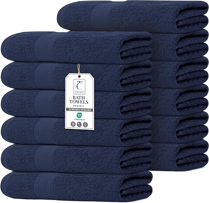 Commercial Bulk Pack of 12 Small Bath Towels – 100% Cotton Terry 24" x 46" – by TEXCRAFT
