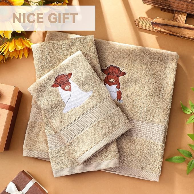 3 Pcs Highland Cow Bathroom Towel Set Farmhouse Embroidered Highland Cow Towels - Image 6