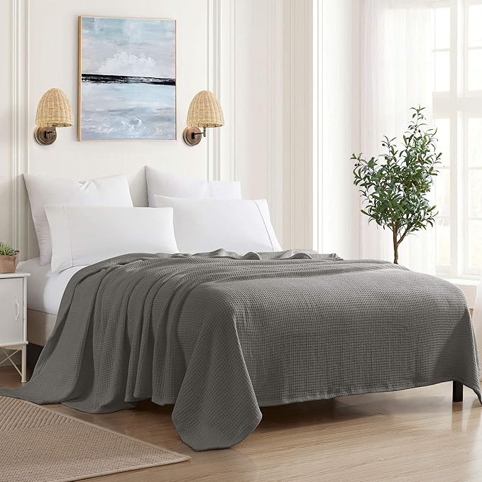 100% Fine Cotton Luxurious Basket Weave Blanket, Dark Gray, Queen Size by SweetHomeCollection