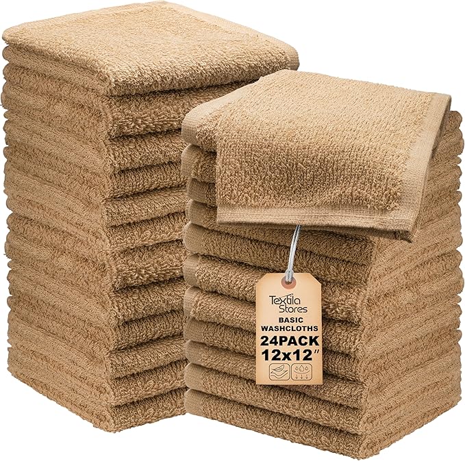 Basic Wash Cloths 12x12 Inches – Bulk Pack of 24 – Beige Color – Soft and by TEXTILA