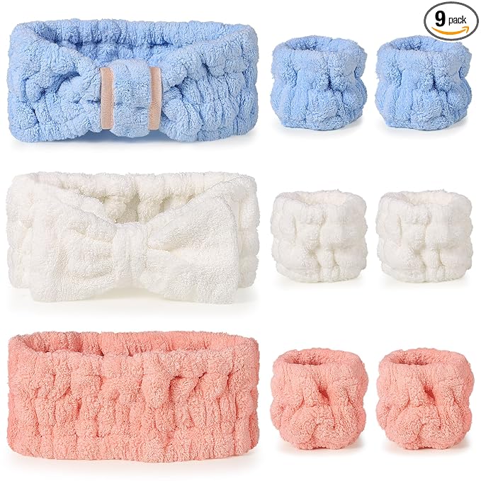 DiyJibb 9 Pcs Spa Headband for Washing Face, Skincare Headband and Wristband Set by DiyJibb