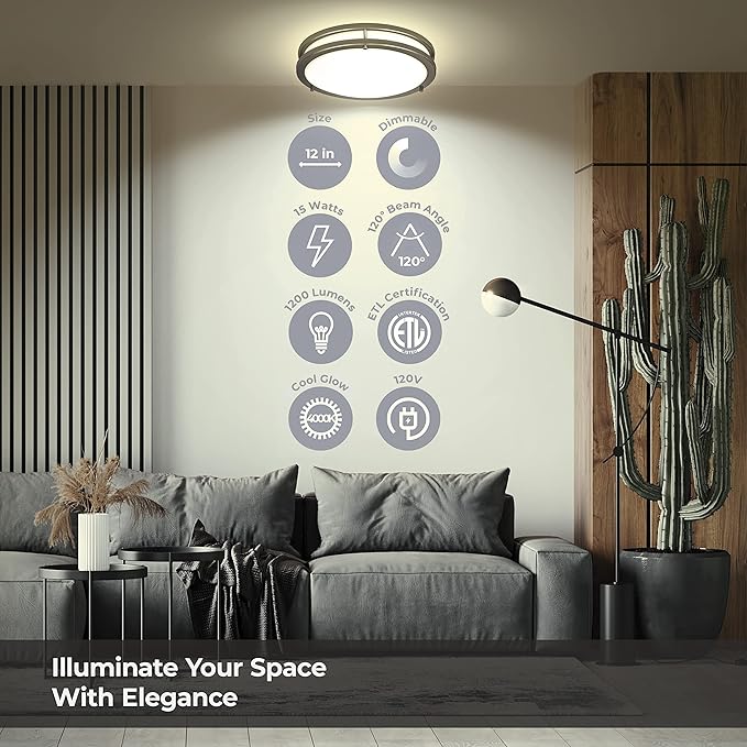 LB72121 LED Flush Mount Ceiling Light, 12 inch, 15W Dimmable 1200lm, 4000K Cool - Image 2