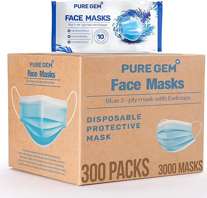 Premium Pack of 3, 000 Single Use Disposable Face Mask, Soft on Skin, Bulk Pack by PURE+GEM