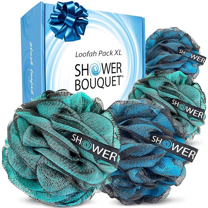 SHOWER BOUQUET Loofah-Charcoal Bath-Sponge XL-4-Pack-Blue-Green // Extra Large by ShowerBouquet%C2%AE