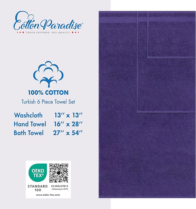 Cotton Paradise 6 Piece Towel Set, 100% Cotton Soft Absorbent Turkish Towels - Image 4