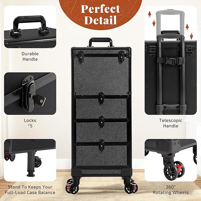 Rolling Makeup Train Case with 3 Drawers, Nail Trolley Cart Salon Station - Image 8