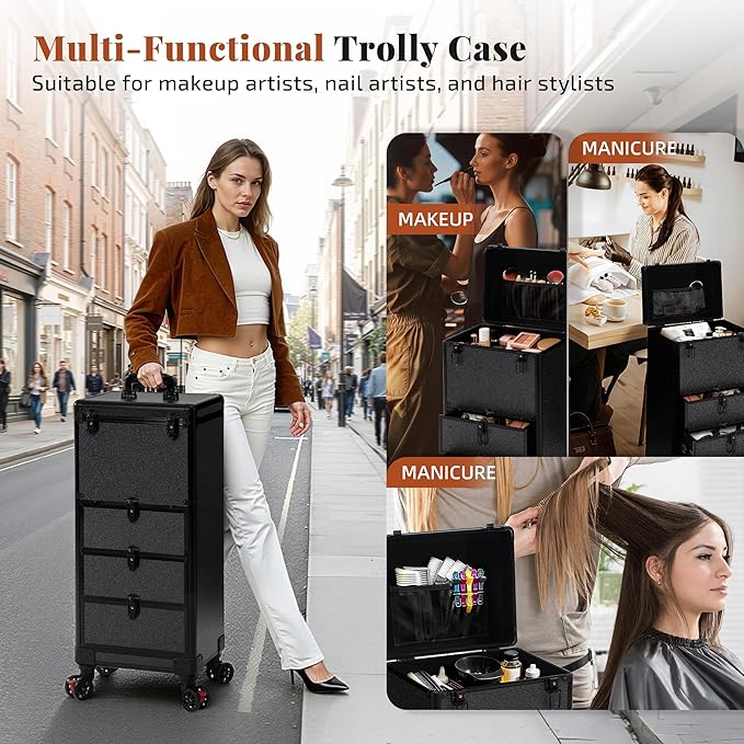 Rolling Makeup Train Case with 3 Drawers, Nail Trolley Cart Salon Station - Image 5