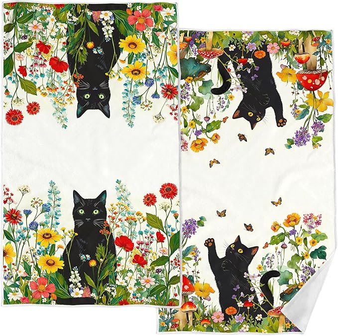 Accnicc 2 Pack Black Cat Bathroom Hand Towels Decorative Spring Floral Dish by Accnicc