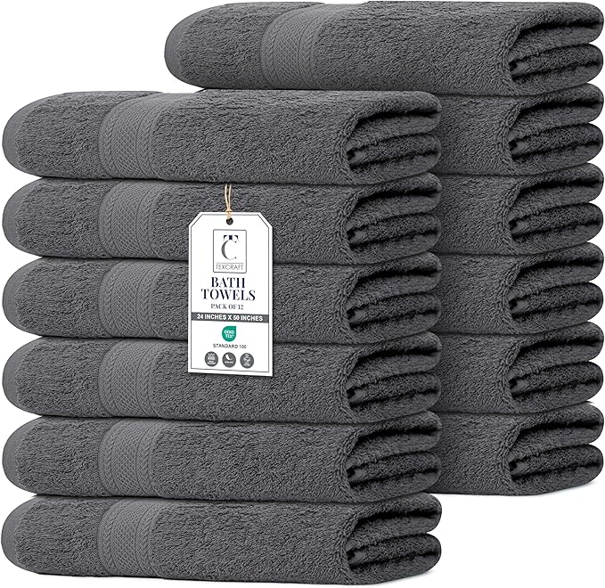 Commercial Bulk Pack of 12 Large Bath Towels – 100% Cotton Terry 24" x 50" – by TEXCRAFT